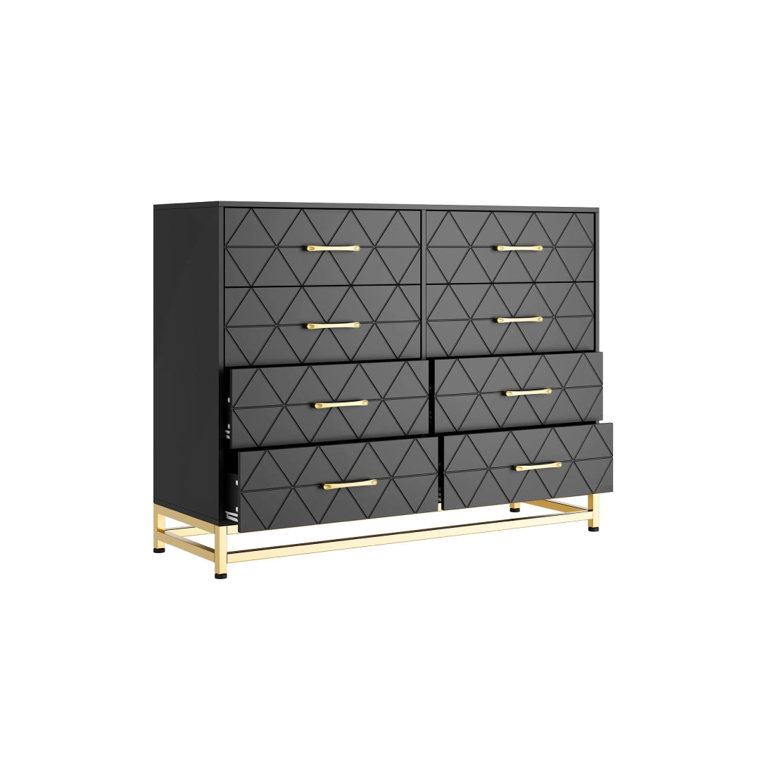 Modern Black dresser with 8 drawers, gold metal frame and handles, stylish bedroom storage cabinet with geometric front design